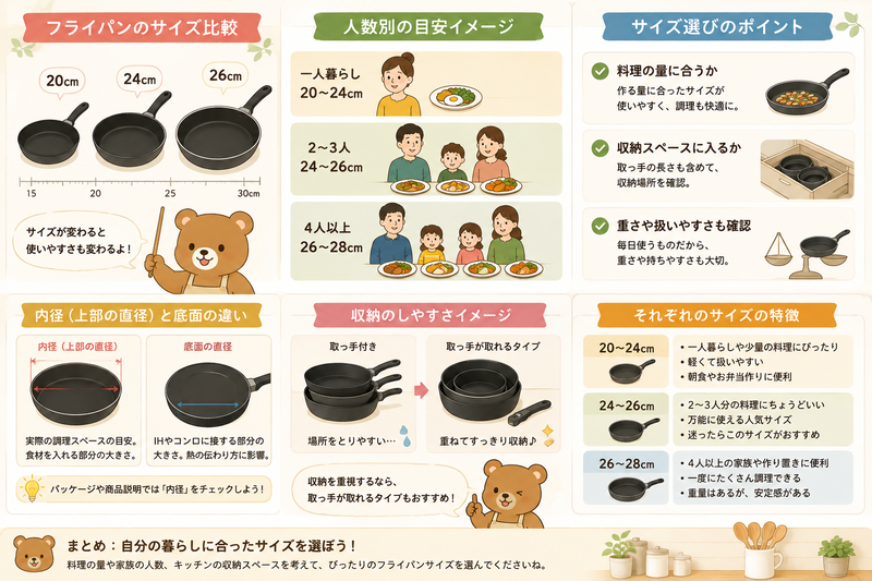 フライパンの人数別サイズと選び方を説明したイラスト