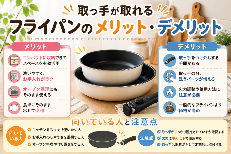 取っ手が取れるフライパンのメリットとデメリット、向いている人、注意点をまとめた図