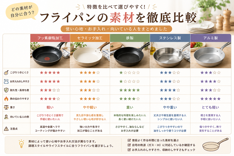 フッ素樹脂加工、セラミック加工、鉄製、ステンレス製、アルミ製フライパンの特徴を比較した図