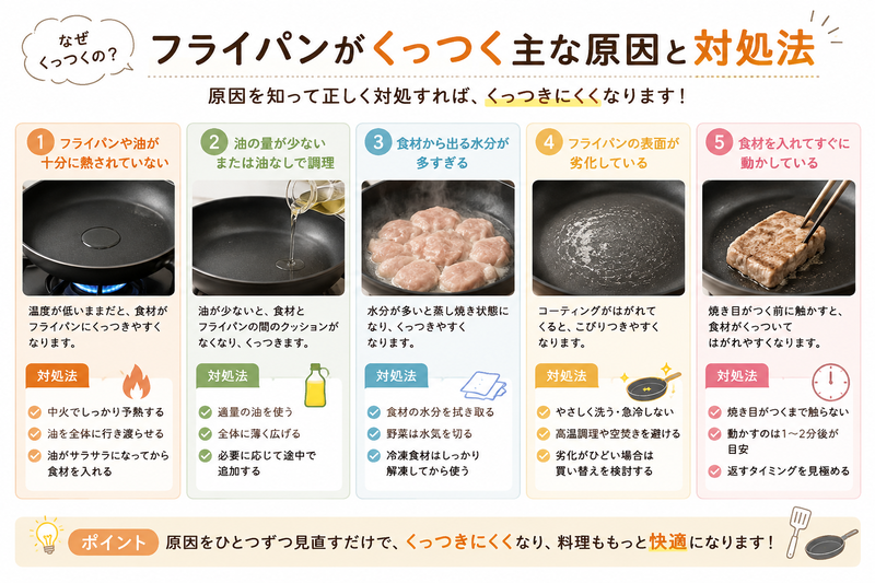 フライパンがくっつく主な原因と対処法をまとめた図