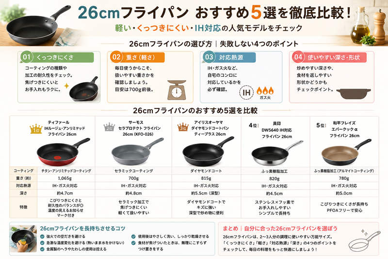 26cmフライパンの選び方とおすすめ5商品を比較した図