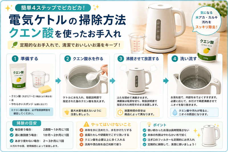 クエン酸を使った電気ケトルの掃除方法を4ステップでまとめた図