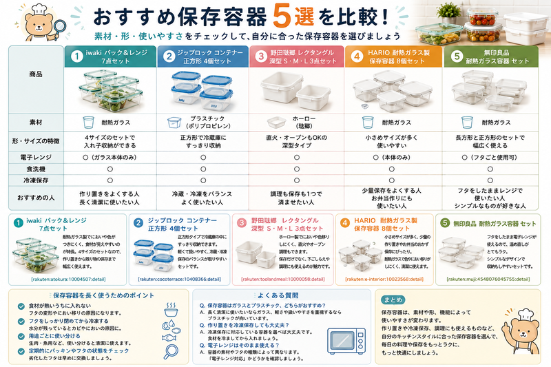 おすすめ保存容器5種類の素材や電子レンジ対応などを比較した図